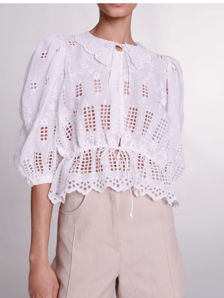 Maje Catania Linen Eyelet Peter Pan Blouse